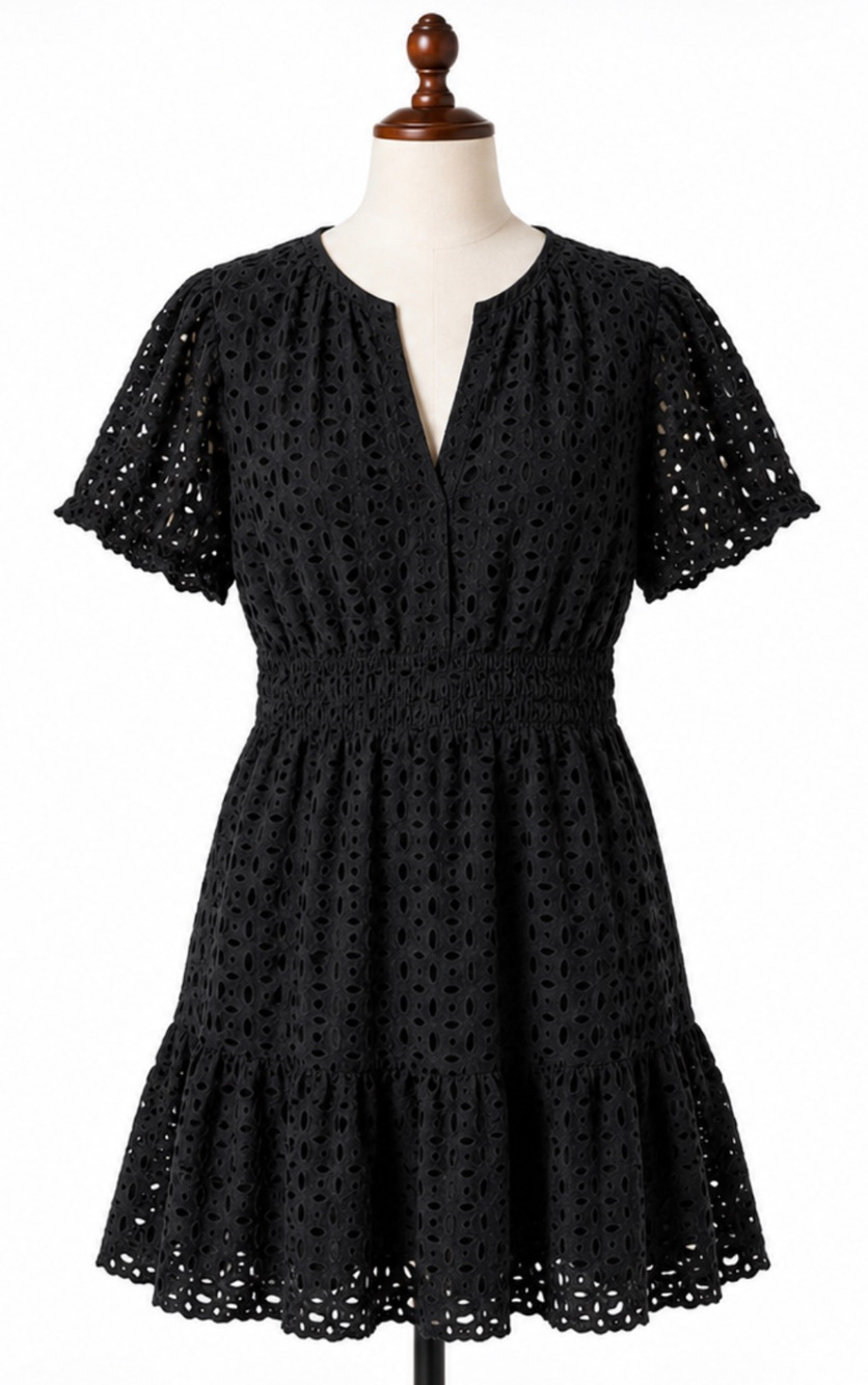 LBD Women’s Black Classic Eyelet Mini Dress Short Sleeve Hollow Out Large